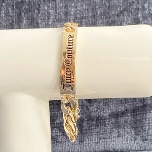 Juicy Couture ID Bracelet Gold Tone Chunky Flat Curb Chain With Brand Engraved